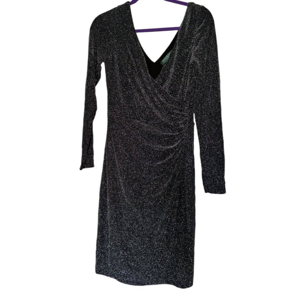 NWT $170 Ralph Lauren Womans Black Silver Sheath Ruched Faux Wrap Dress Size 6